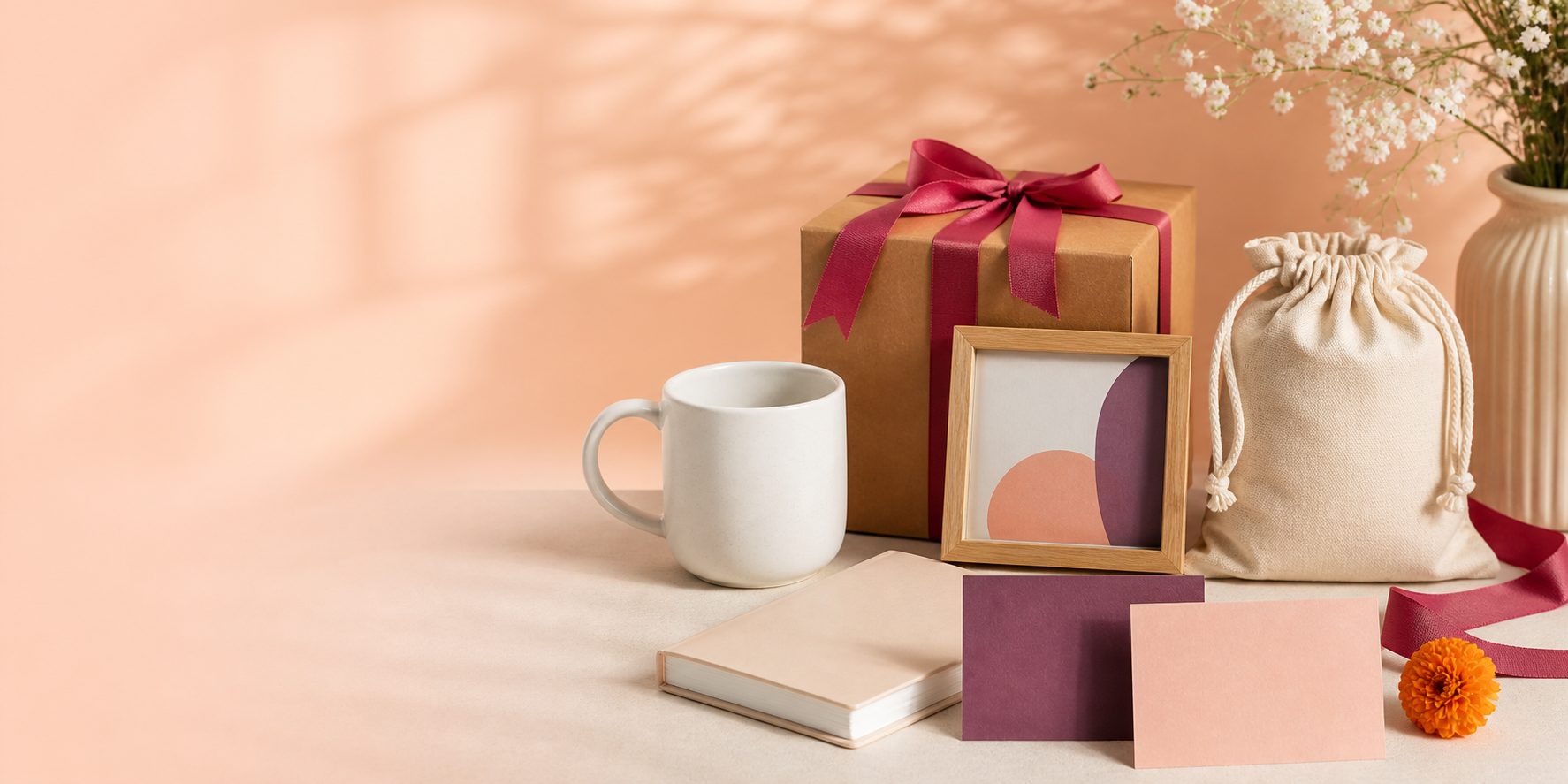 Gift box, mug, frame, notebook, cards, and fabric pouch arranged on a warm studio table